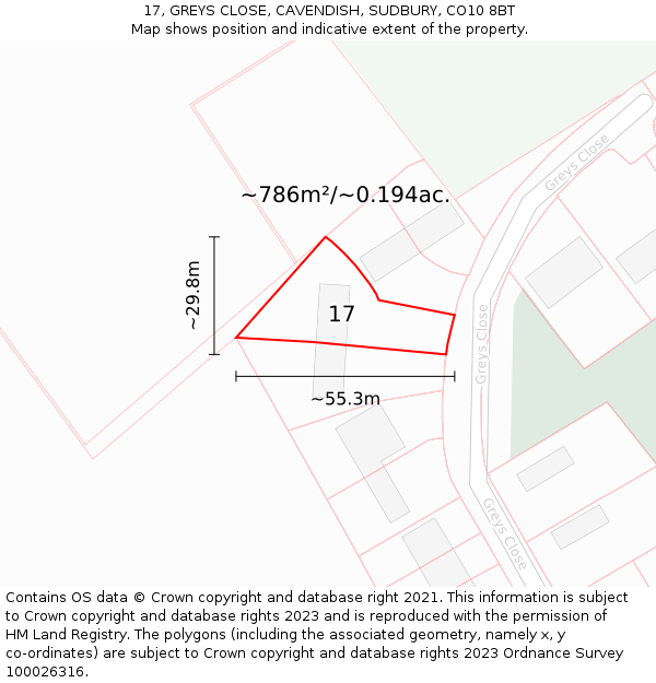17, GREYS CLOSE, CAVENDISH, SUDBURY, CO10 8BT: Plot and title map