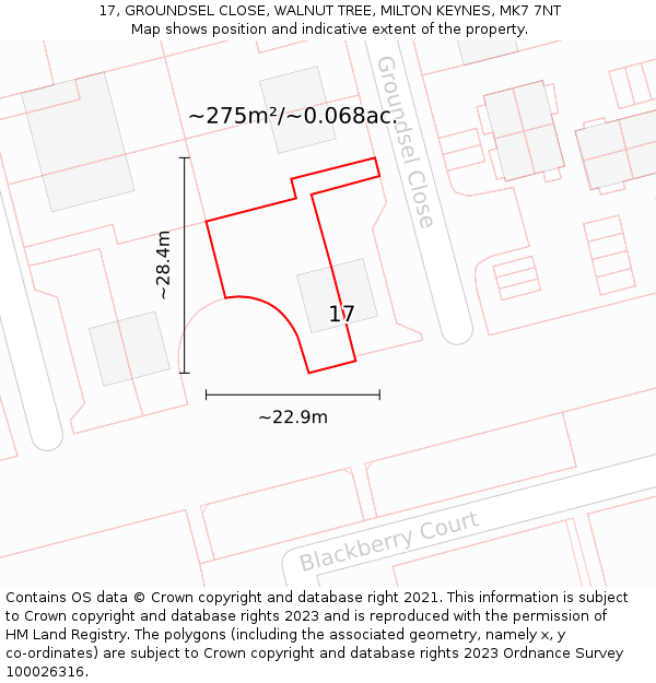 17, GROUNDSEL CLOSE, WALNUT TREE, MILTON KEYNES, MK7 7NT: Plot and title map