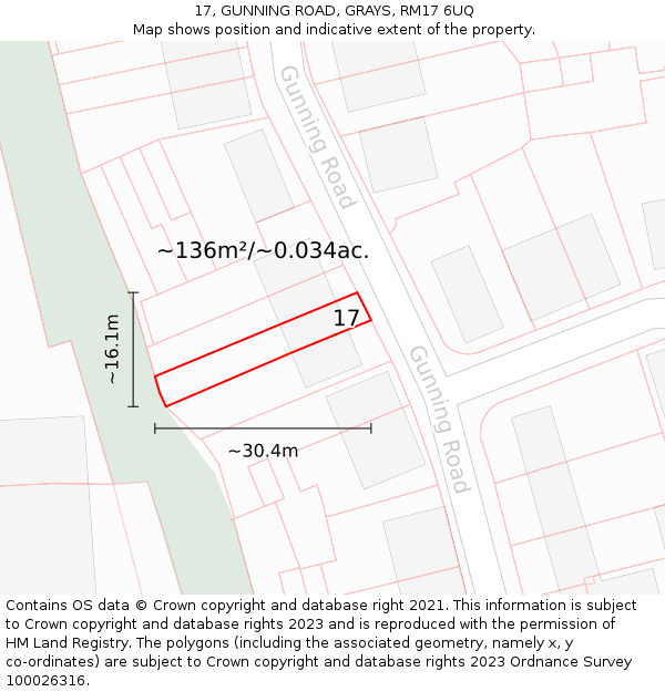 17, GUNNING ROAD, GRAYS, RM17 6UQ: Plot and title map