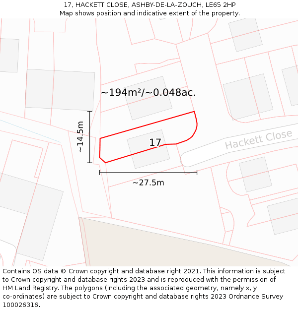 17, HACKETT CLOSE, ASHBY-DE-LA-ZOUCH, LE65 2HP: Plot and title map