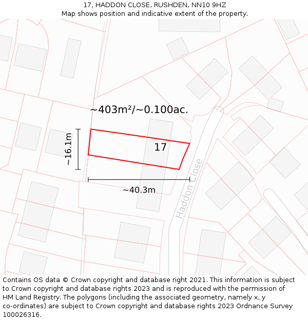 17, HADDON CLOSE, RUSHDEN, NN10 9HZ: Plot and title map