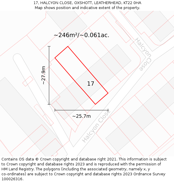 17, HALCYON CLOSE, OXSHOTT, LEATHERHEAD, KT22 0HA: Plot and title map