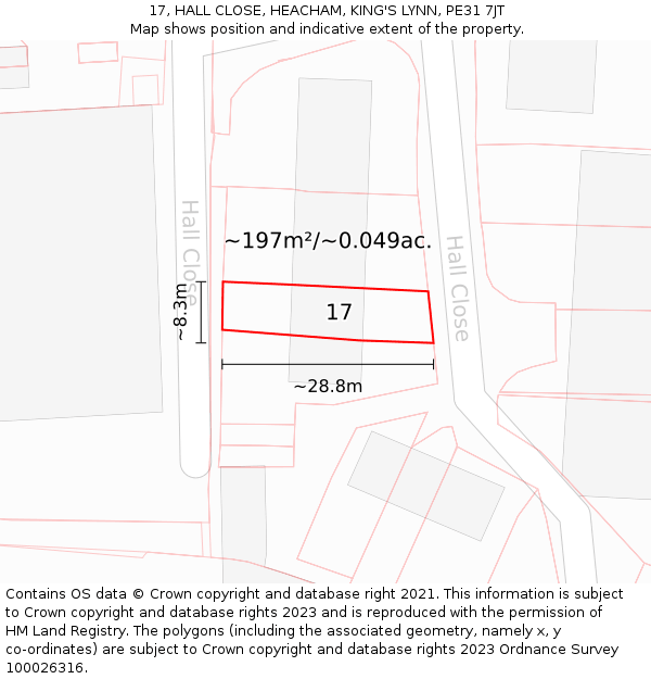 17, HALL CLOSE, HEACHAM, KING'S LYNN, PE31 7JT: Plot and title map