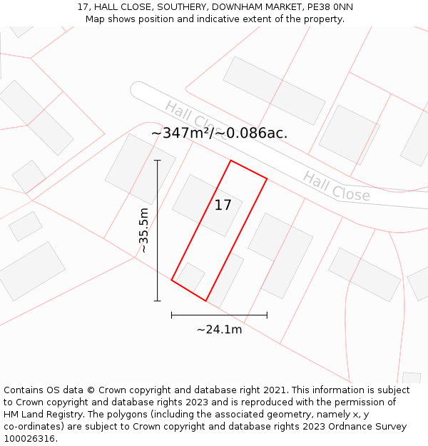 17, HALL CLOSE, SOUTHERY, DOWNHAM MARKET, PE38 0NN: Plot and title map
