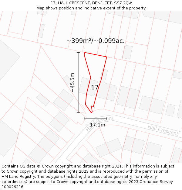17, HALL CRESCENT, BENFLEET, SS7 2QW: Plot and title map