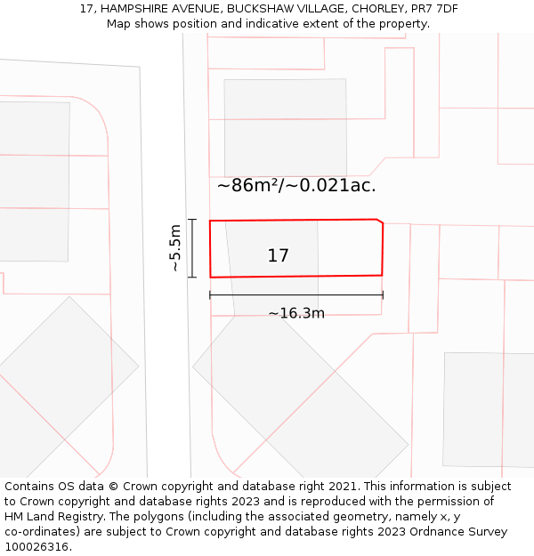 17, HAMPSHIRE AVENUE, BUCKSHAW VILLAGE, CHORLEY, PR7 7DF: Plot and title map