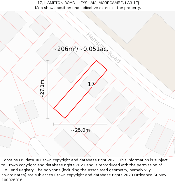 17, HAMPTON ROAD, HEYSHAM, MORECAMBE, LA3 1EJ: Plot and title map