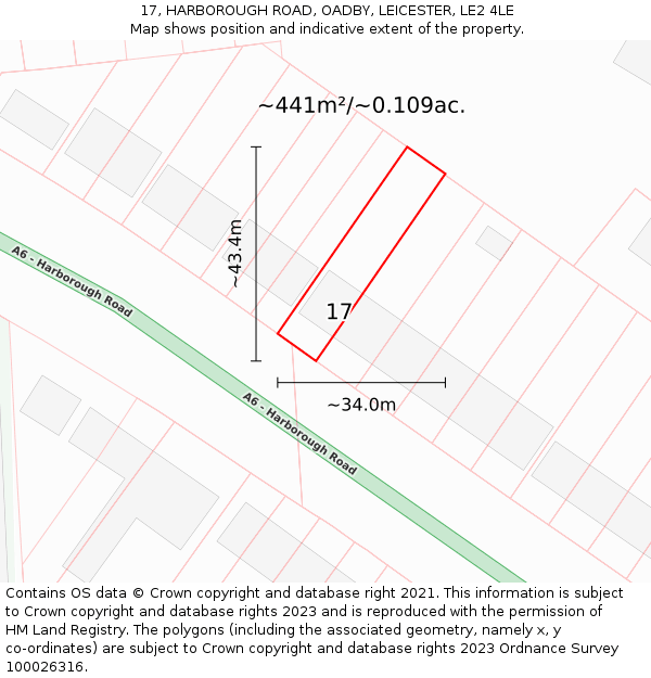 17, HARBOROUGH ROAD, OADBY, LEICESTER, LE2 4LE: Plot and title map