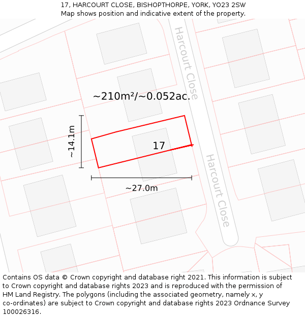17, HARCOURT CLOSE, BISHOPTHORPE, YORK, YO23 2SW: Plot and title map