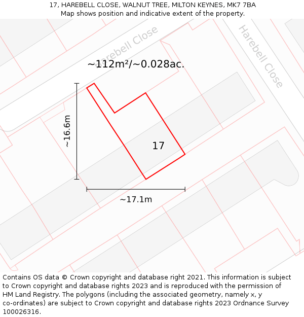 17, HAREBELL CLOSE, WALNUT TREE, MILTON KEYNES, MK7 7BA: Plot and title map
