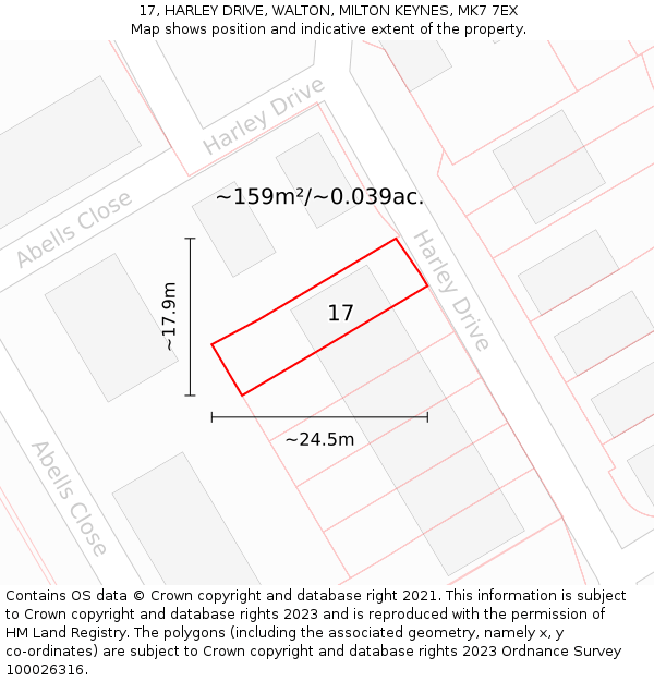 17, HARLEY DRIVE, WALTON, MILTON KEYNES, MK7 7EX: Plot and title map