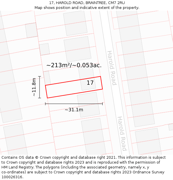 17, HAROLD ROAD, BRAINTREE, CM7 2RU: Plot and title map
