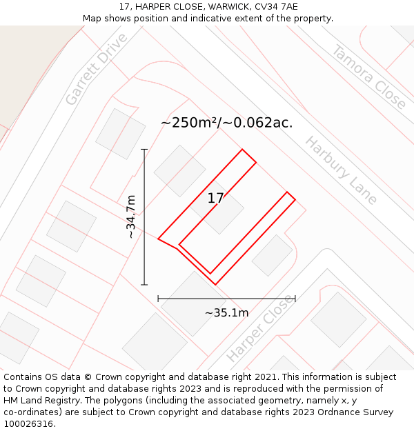 17, HARPER CLOSE, WARWICK, CV34 7AE: Plot and title map