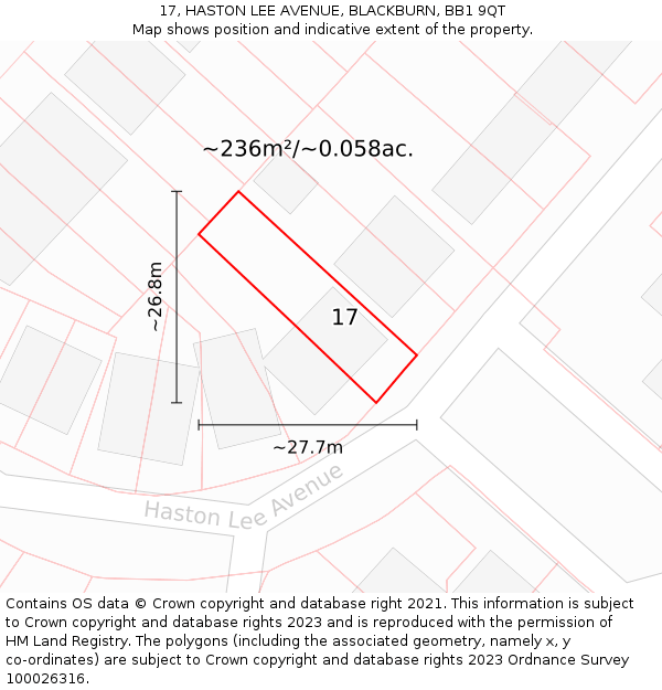 17, HASTON LEE AVENUE, BLACKBURN, BB1 9QT: Plot and title map