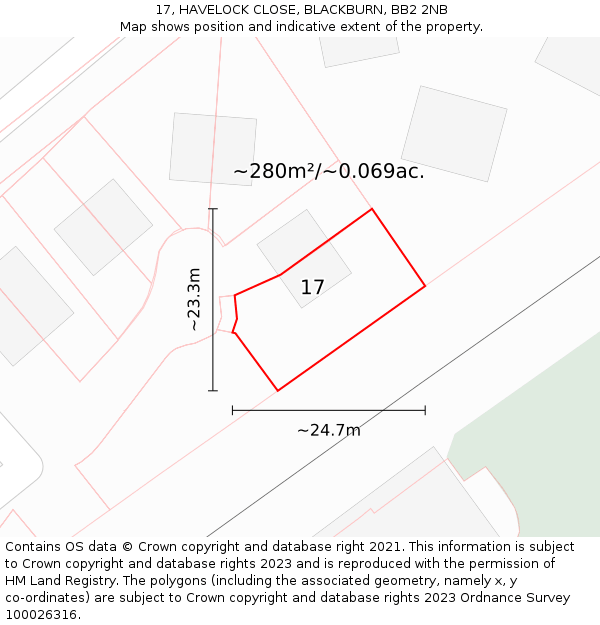 17, HAVELOCK CLOSE, BLACKBURN, BB2 2NB: Plot and title map