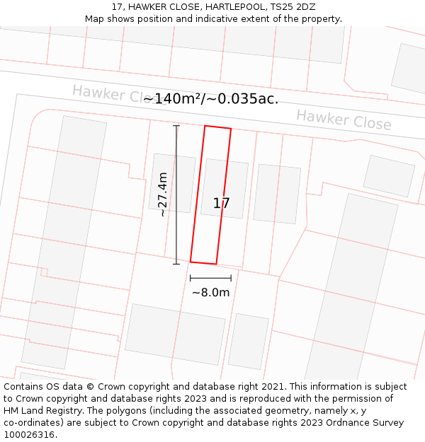 17, HAWKER CLOSE, HARTLEPOOL, TS25 2DZ: Plot and title map