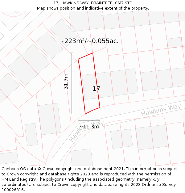 17, HAWKINS WAY, BRAINTREE, CM7 9TD: Plot and title map