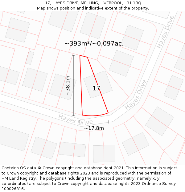 17, HAYES DRIVE, MELLING, LIVERPOOL, L31 1BQ: Plot and title map