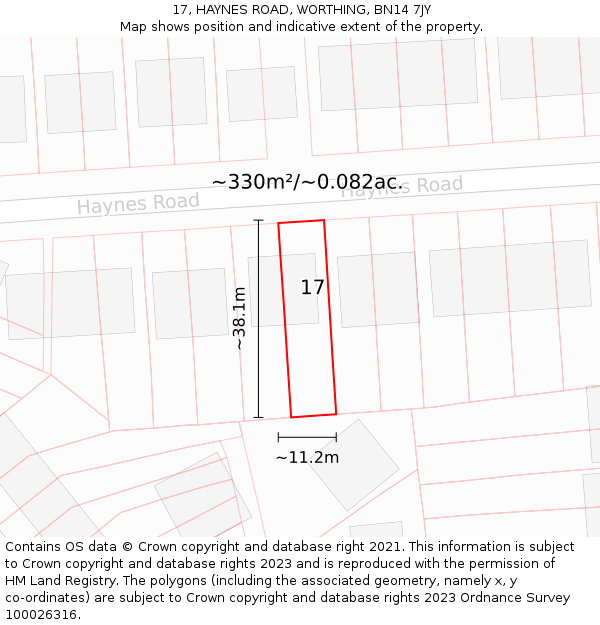 17, HAYNES ROAD, WORTHING, BN14 7JY: Plot and title map