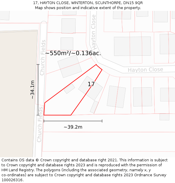 17, HAYTON CLOSE, WINTERTON, SCUNTHORPE, DN15 9QR: Plot and title map