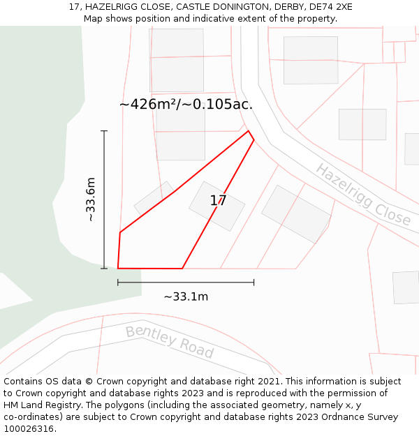 17, HAZELRIGG CLOSE, CASTLE DONINGTON, DERBY, DE74 2XE: Plot and title map