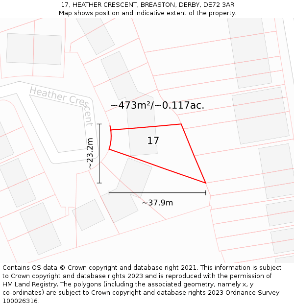 17, HEATHER CRESCENT, BREASTON, DERBY, DE72 3AR: Plot and title map