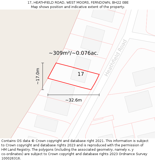 17, HEATHFIELD ROAD, WEST MOORS, FERNDOWN, BH22 0BE: Plot and title map