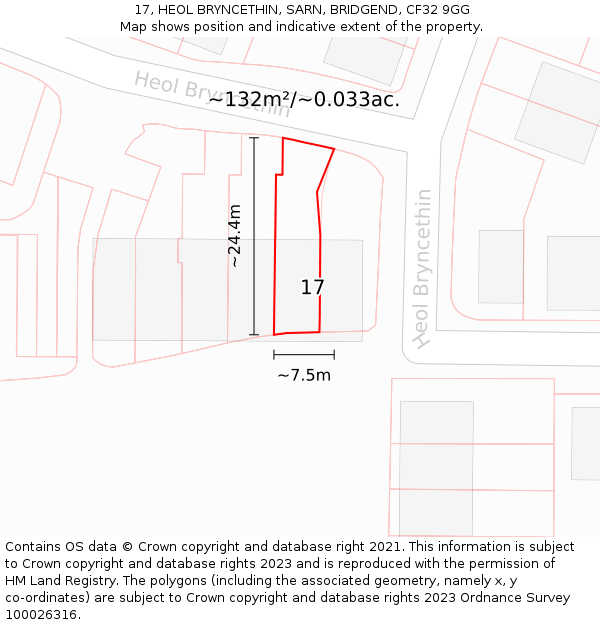 17, HEOL BRYNCETHIN, SARN, BRIDGEND, CF32 9GG: Plot and title map