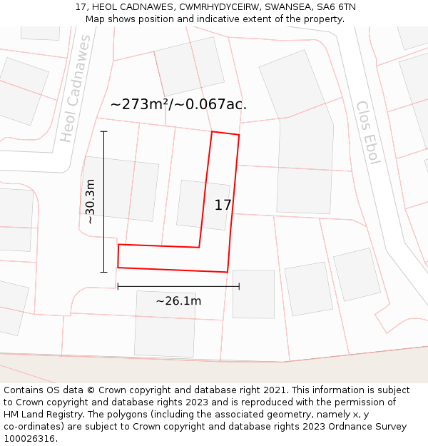 17, HEOL CADNAWES, CWMRHYDYCEIRW, SWANSEA, SA6 6TN: Plot and title map