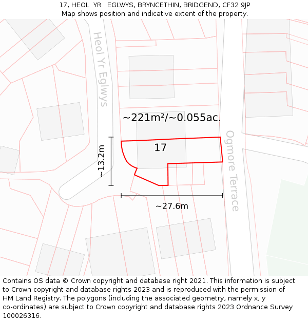 17, HEOL  YR   EGLWYS, BRYNCETHIN, BRIDGEND, CF32 9JP: Plot and title map