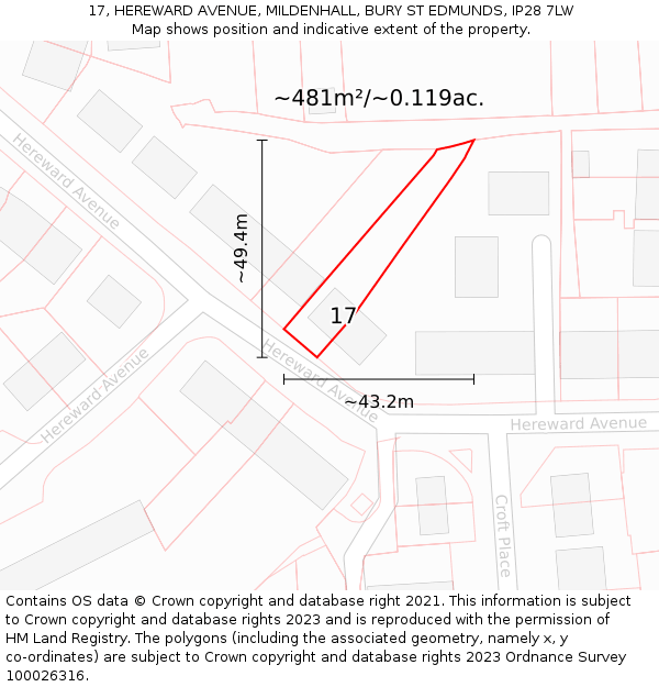 17, HEREWARD AVENUE, MILDENHALL, BURY ST EDMUNDS, IP28 7LW: Plot and title map