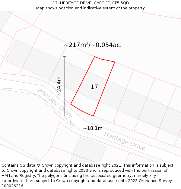 17, HERITAGE DRIVE, CARDIFF, CF5 5QD: Plot and title map