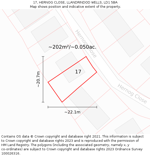 17, HERNOG CLOSE, LLANDRINDOD WELLS, LD1 5BA: Plot and title map