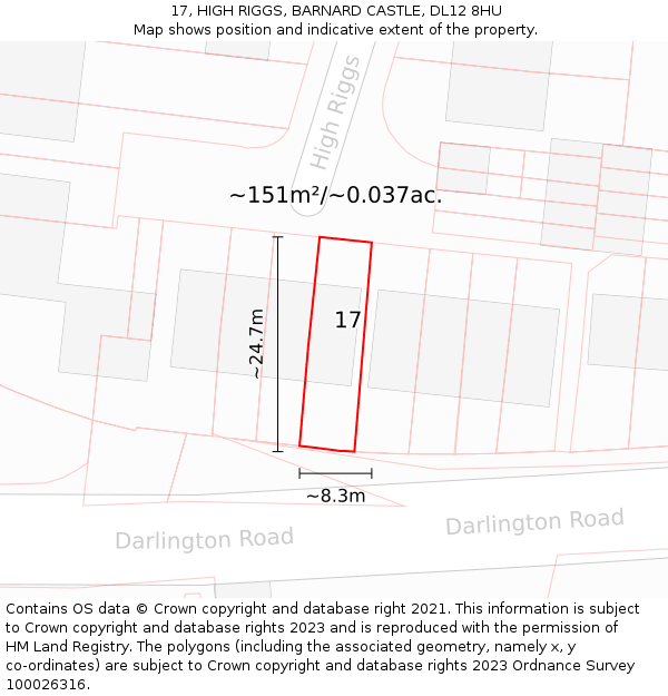 17, HIGH RIGGS, BARNARD CASTLE, DL12 8HU: Plot and title map