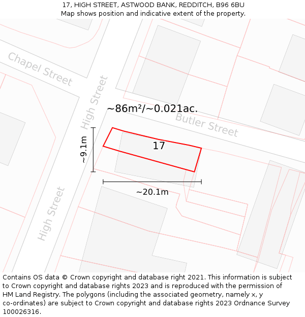 17, HIGH STREET, ASTWOOD BANK, REDDITCH, B96 6BU: Plot and title map