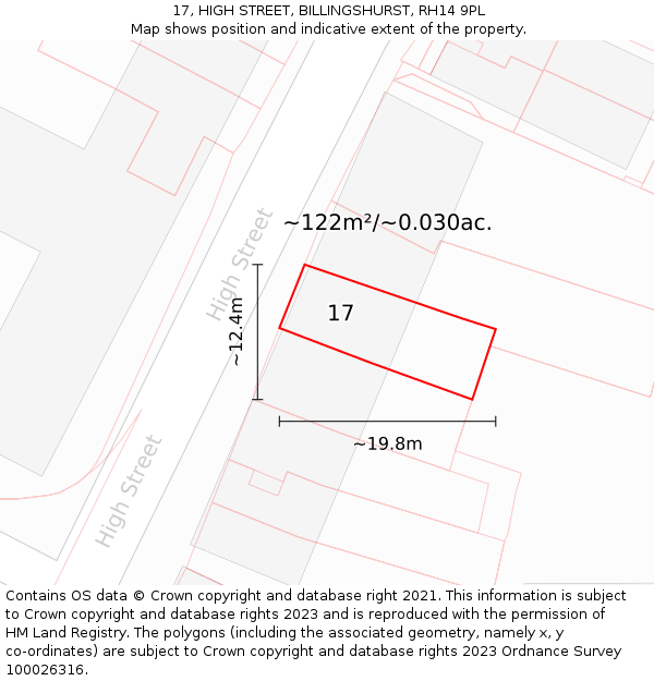 17, HIGH STREET, BILLINGSHURST, RH14 9PL: Plot and title map