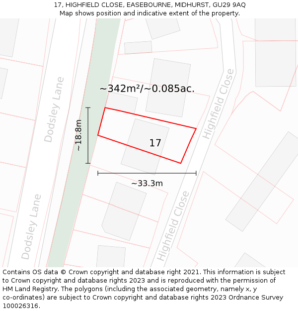 17, HIGHFIELD CLOSE, EASEBOURNE, MIDHURST, GU29 9AQ: Plot and title map