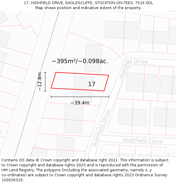 17, HIGHFIELD DRIVE, EAGLESCLIFFE, STOCKTON-ON-TEES, TS16 0DL: Plot and title map