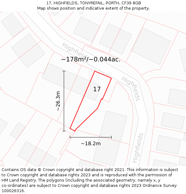 17, HIGHFIELDS, TONYREFAIL, PORTH, CF39 8GB: Plot and title map