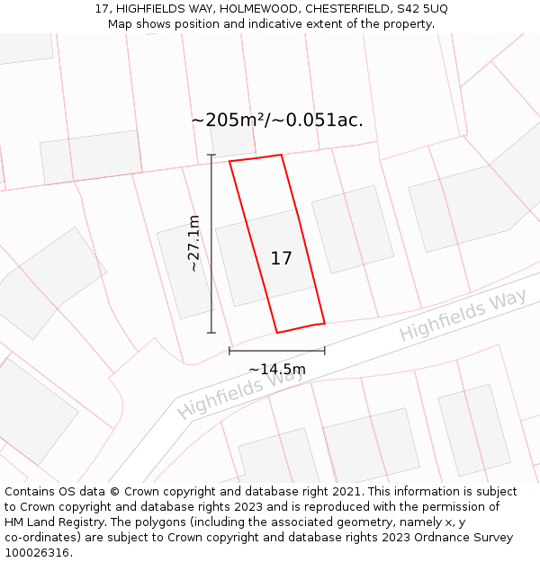 17, HIGHFIELDS WAY, HOLMEWOOD, CHESTERFIELD, S42 5UQ: Plot and title map