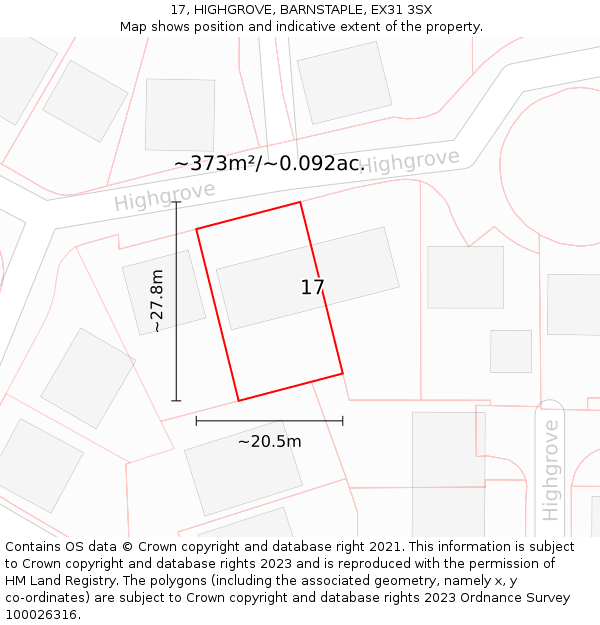 17, HIGHGROVE, BARNSTAPLE, EX31 3SX: Plot and title map