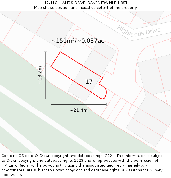 17, HIGHLANDS DRIVE, DAVENTRY, NN11 8ST: Plot and title map