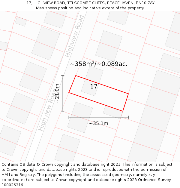 17, HIGHVIEW ROAD, TELSCOMBE CLIFFS, PEACEHAVEN, BN10 7AY: Plot and title map