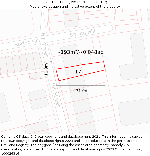 17, HILL STREET, WORCESTER, WR5 1BQ: Plot and title map
