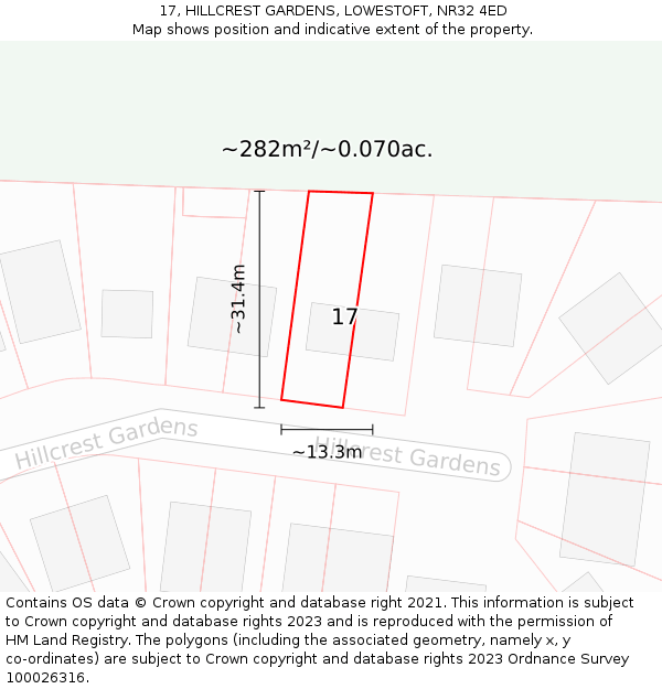 17, HILLCREST GARDENS, LOWESTOFT, NR32 4ED: Plot and title map