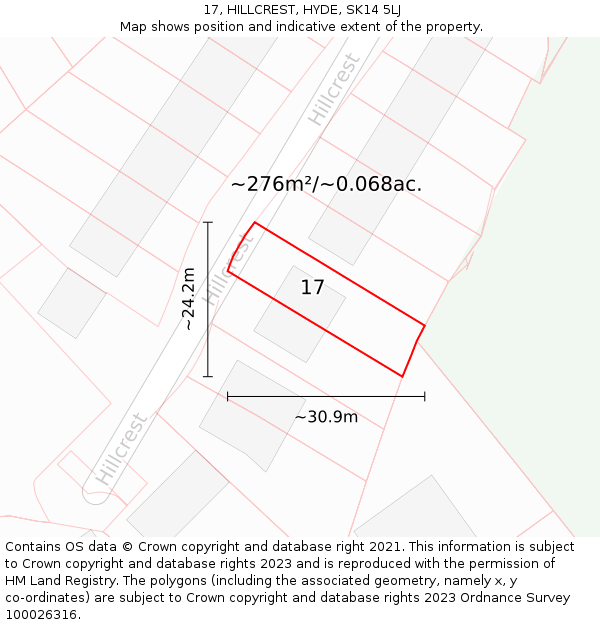 17, HILLCREST, HYDE, SK14 5LJ: Plot and title map