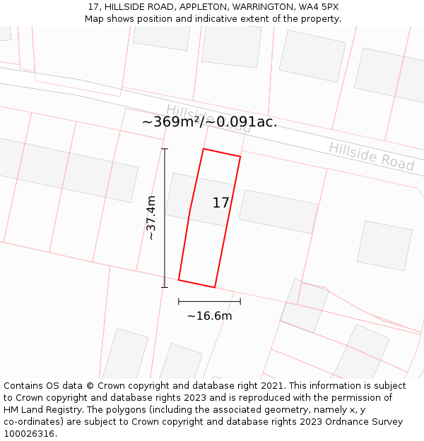 17, HILLSIDE ROAD, APPLETON, WARRINGTON, WA4 5PX: Plot and title map