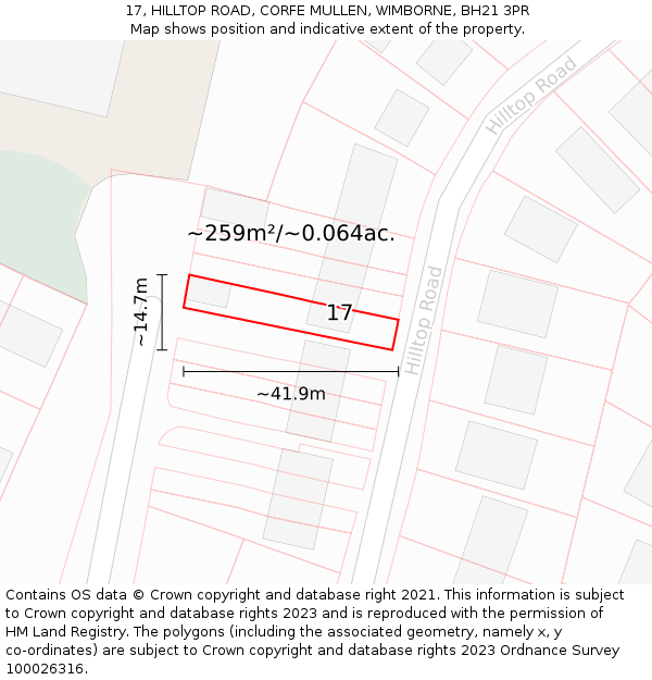 17, HILLTOP ROAD, CORFE MULLEN, WIMBORNE, BH21 3PR: Plot and title map