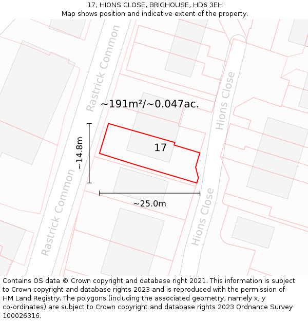 17, HIONS CLOSE, BRIGHOUSE, HD6 3EH: Plot and title map