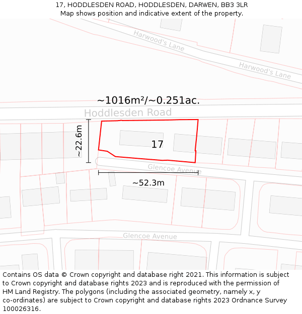 17, HODDLESDEN ROAD, HODDLESDEN, DARWEN, BB3 3LR: Plot and title map